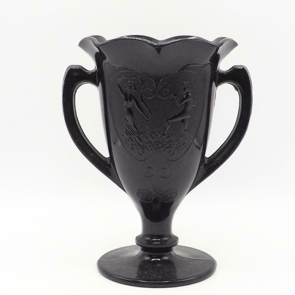 L.E. Smith Glass Snake Dance Black Amethyst Trophy Vase 1932 Art Deco 2-Handle